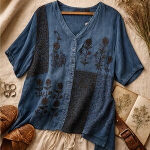 Vintage Artsy Chainstitch Embroidered Blouse 3X Boho Cottagecore Button Down